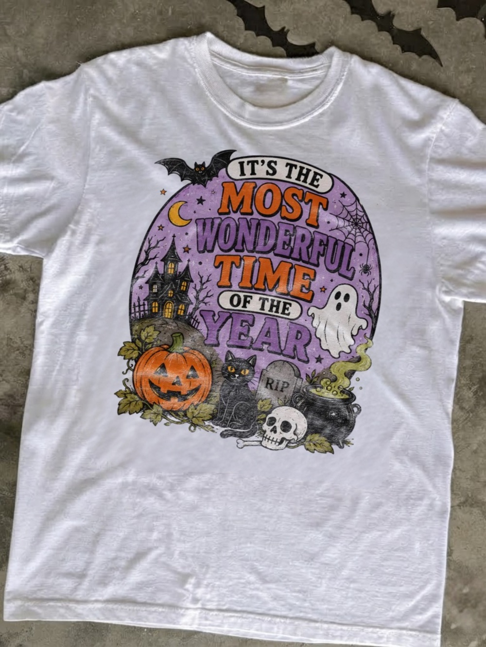 White Halloween Graphic Tee with Purple & Orange Design